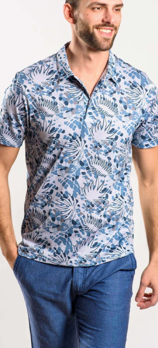 Light blue polo shirt with a bold pattern