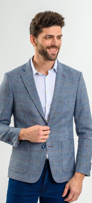 Blue linen blazer with brown and blue checkered pattern - XL size