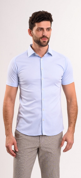 Bledomodrá strečová Extra Slim Fit košeľa s krátkym rukávom