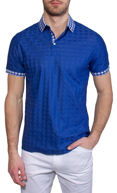 Blue polo shirt with a square pattern