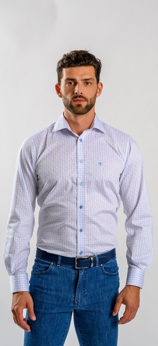Biela Slim Fit košeľa so vzorom modrých štvorcov