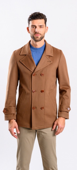 Short brown wool double-breasted coat with cashmere