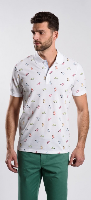 White polo shirt with a scooter pattern