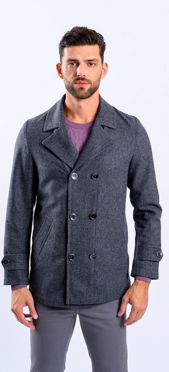 Short grey double-breasted wool coat