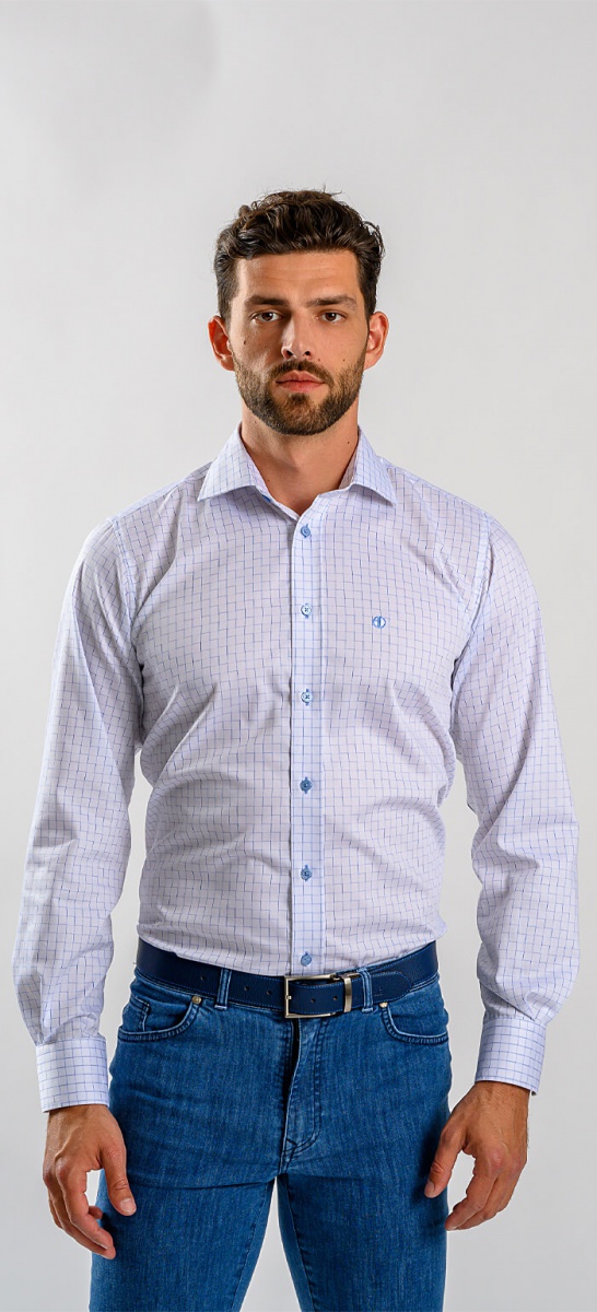 White Slim Fit shirt with blue square pattern